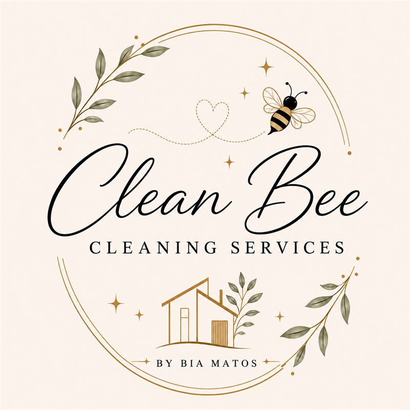 Clean Bee by Bia Matos — Cleaning Services. Logo with a bee leaving a dotted heart trail, laurel leaves and a house.